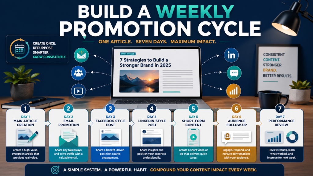 One main article being promoted through email, social media, audience follow-up, and performance review during a seven-day marketing cycle.