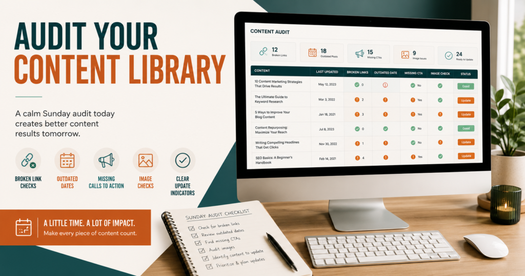 Website owner reviewing published articles, links, images, calls to action, and outdated information during a weekly content audit.