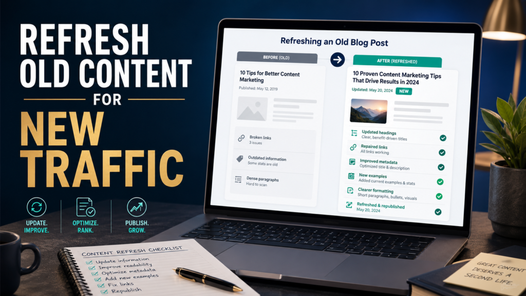 Website owner updating an older blog article with improved headings, current links, stronger examples, and refreshed search information.