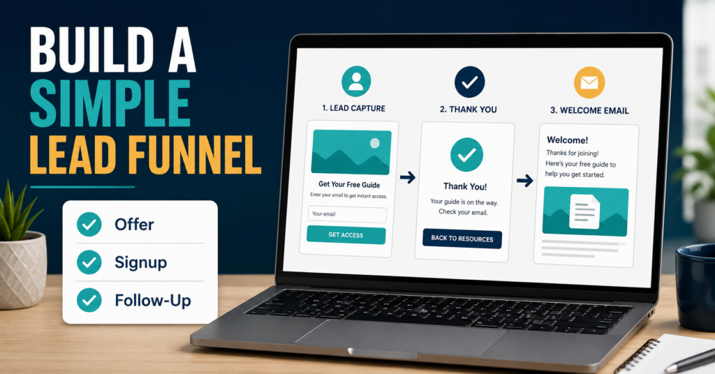 Simple online lead funnel connecting a signup page, thank-you page, and welcome email for a small internet-marketing business.