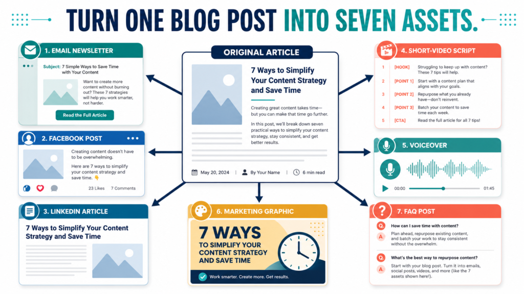One blog article being repurposed into email, social-media, video, voiceover, graphic, and FAQ content.