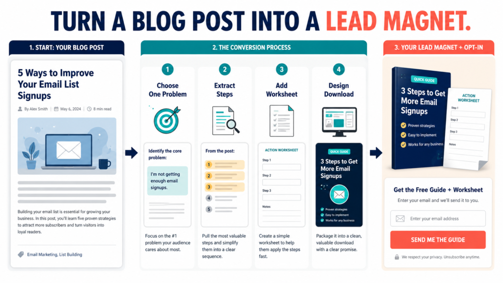 Blog article being transformed into a checklist or short guide connected to an email signup page.