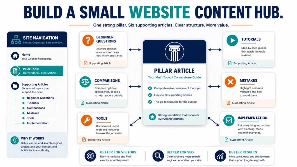 Small website content hub connecting one main pillar article to six related supporting articles.