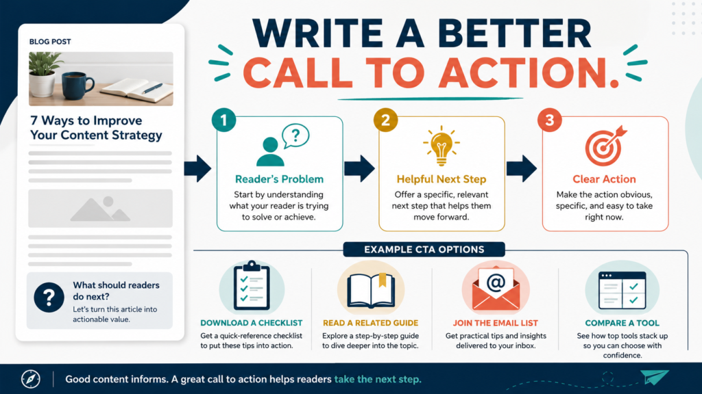Blog call-to-action workflow connecting a reader’s problem to a helpful next step and clear action.