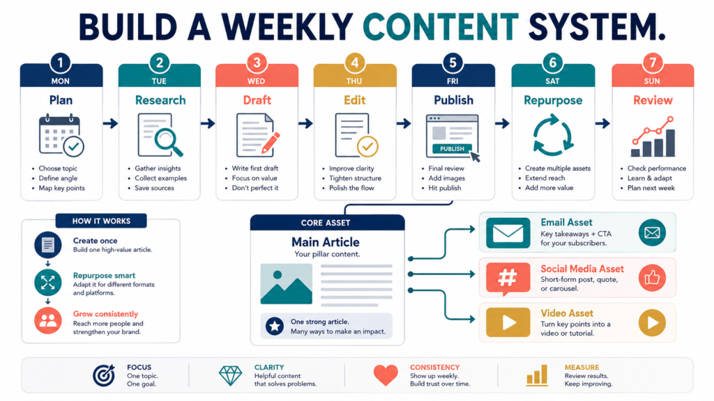 Seven-day content production system covering planning, research, drafting, editing, publishing, repurposing, and review.