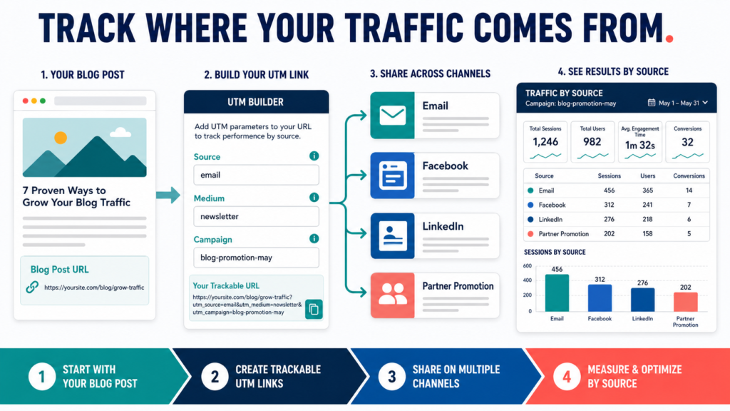 Blog URL being tagged with UTM source, medium, and campaign information for email and social-media traffic tracking.