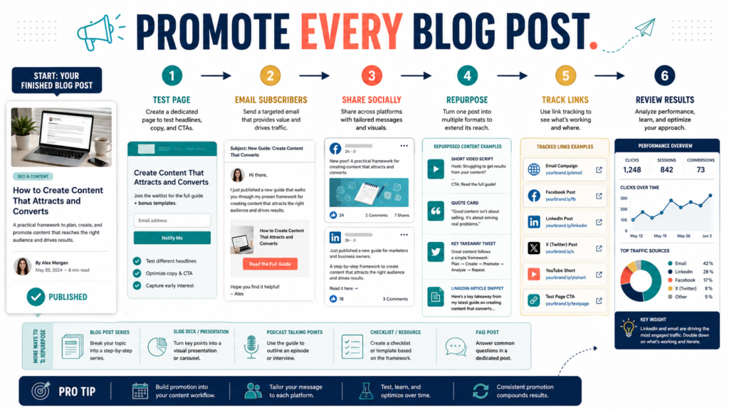 Blog post promotion checklist covering page testing, email, social sharing, repurposing, link tracking, and performance review.