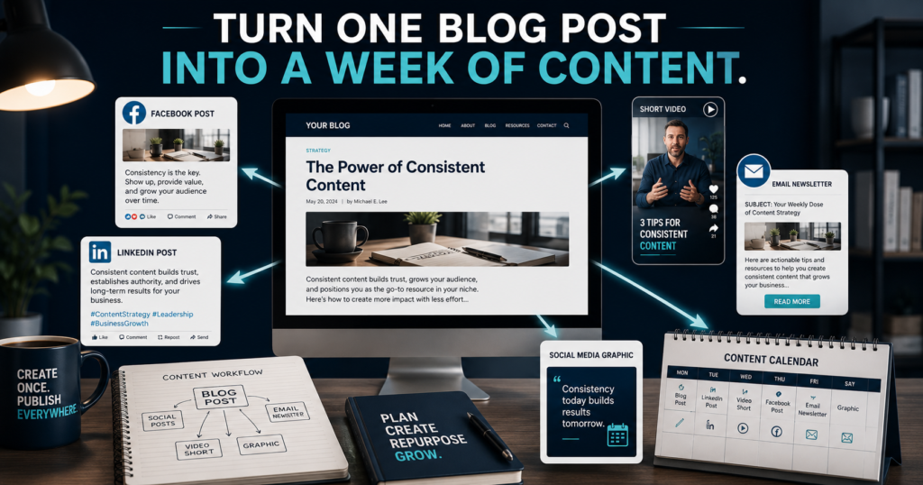One blog post being transformed into social-media posts, short videos, an email newsletter, and a weekly content calendar.