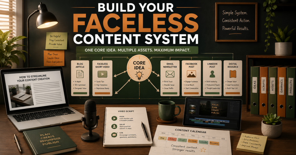 Solo online-business owner using a simple faceless content system to turn one core idea into a blog post, short video, email, and social-media content.