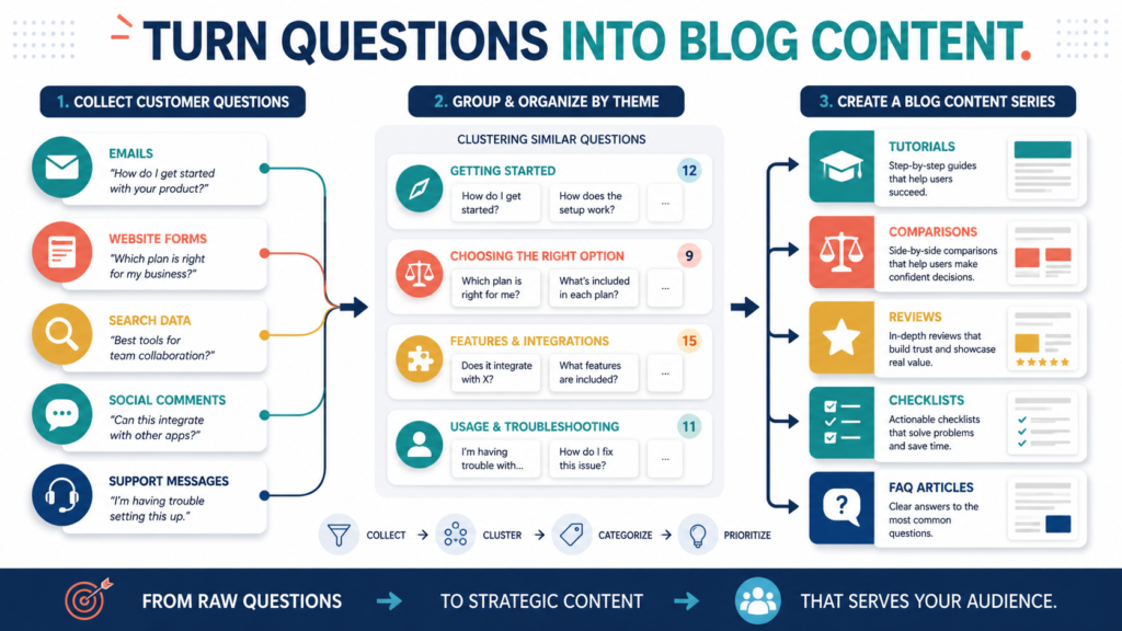 Customer questions from email, search, support, and social media being organized into a strategic blog content series.