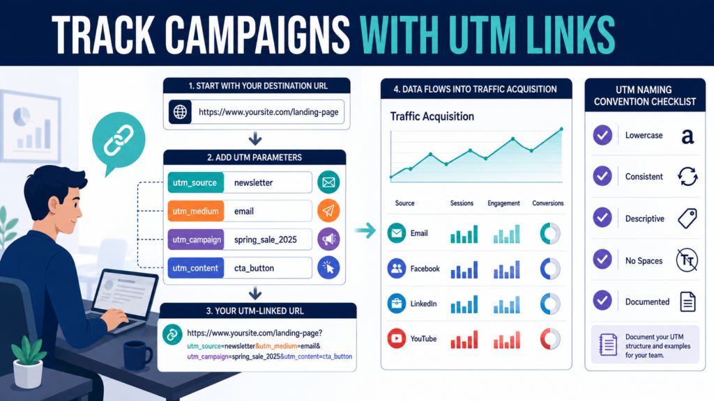 Marketer adding UTM source, medium, campaign, and content parameters to links and reviewing campaign traffic in GA4.