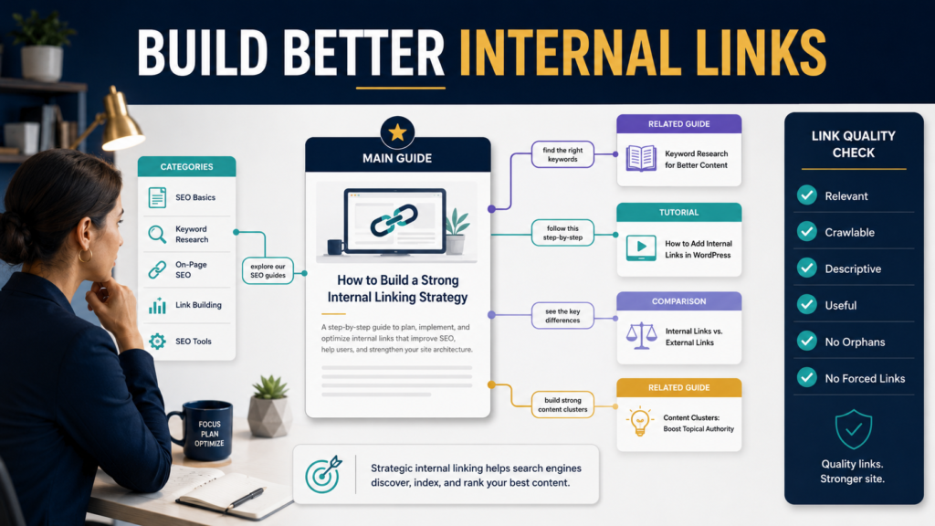 Website content manager creating relevant internal links between related articles using descriptive anchor text and crawlable links.