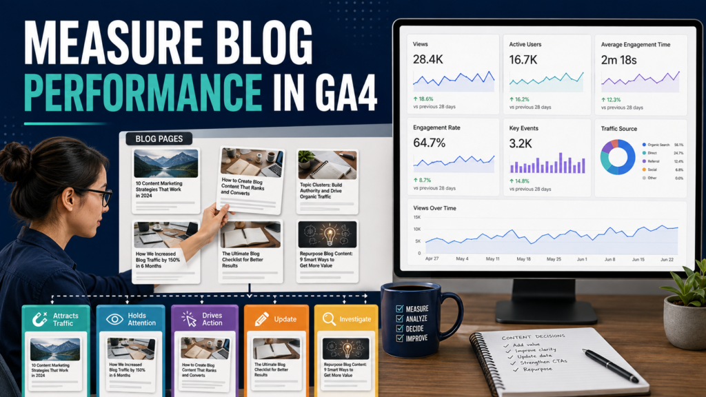 Content marketer measuring blog performance using GA4 page views, active users, engagement, key events, and traffic sources.