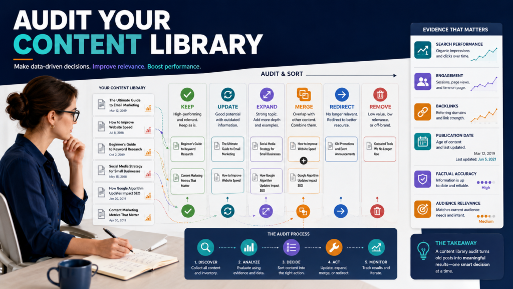 Content manager auditing old blog articles and deciding whether to keep, update, expand, merge, redirect, or remove each page.