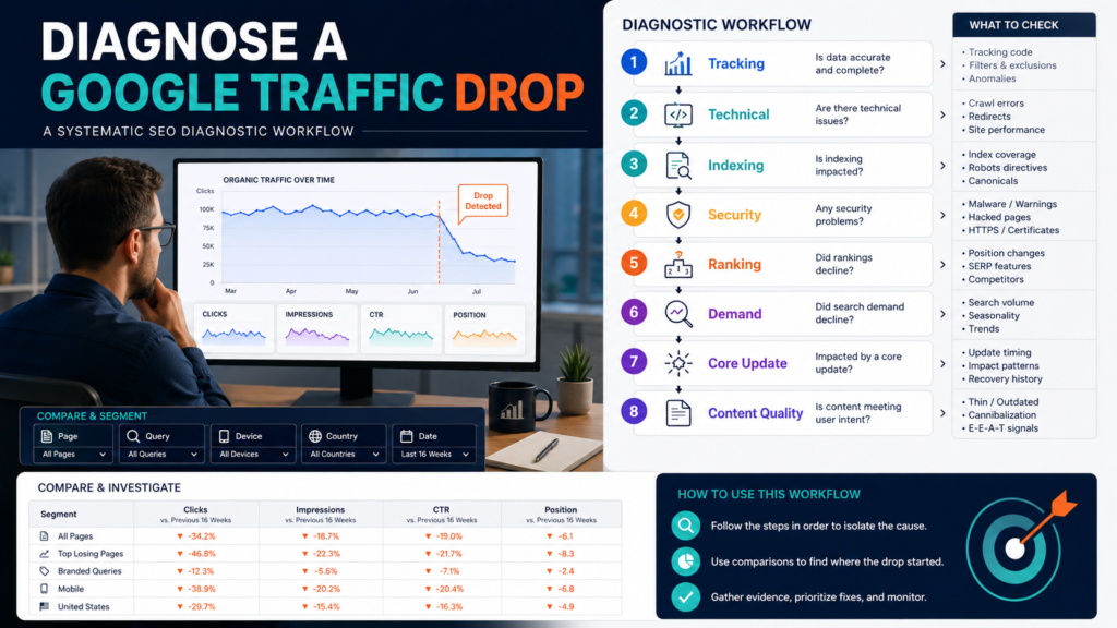 SEO manager diagnosing a Google Search traffic drop by checking technical issues, rankings, search demand, pages, queries, and updates.