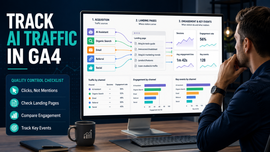 Digital marketer tracking AI Assistant traffic in GA4 and comparing landing pages, engagement, and key events with other traffic channels.