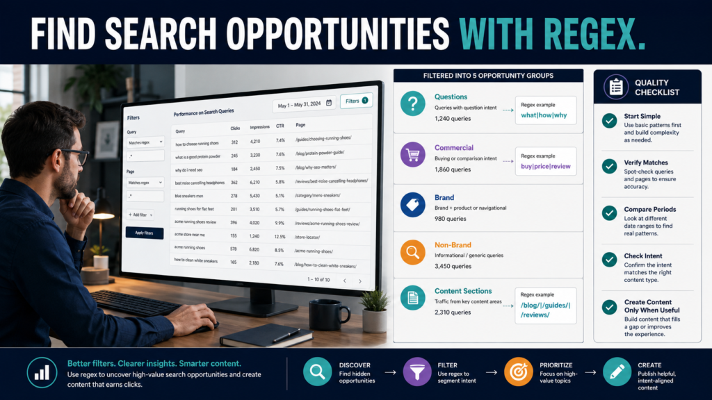 SEO analyst using regular-expression filters in Search Console to group questions, commercial searches, brands, and website sections.