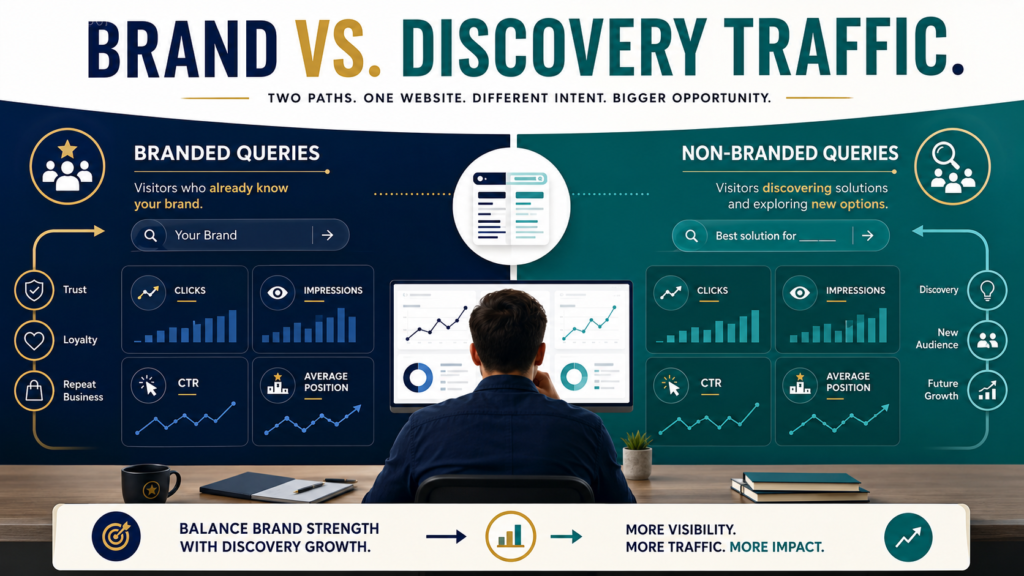 SEO dashboard concept separating branded and non-branded search queries in Google Search Console.