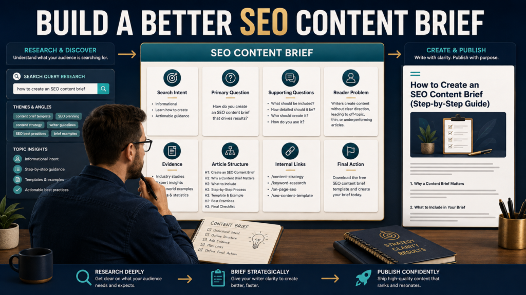 SEO content brief organizing search intent, reader questions, evidence, structure, and internal links before article writing.