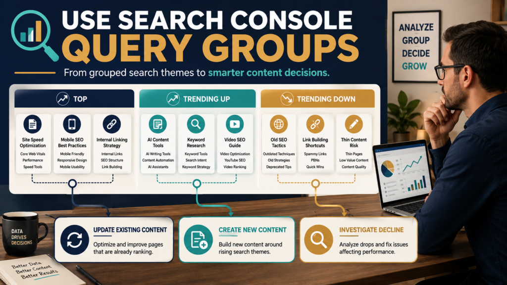 Search Console query groups organized into top, trending-up, and trending-down search themes for content planning.