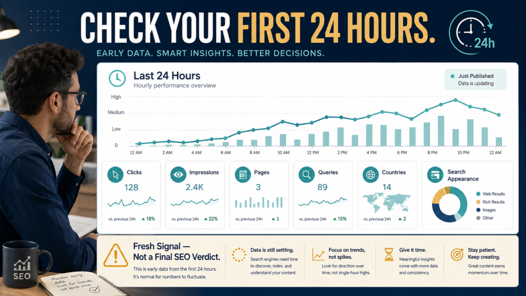 SEO analyst reviewing recent search clicks and impressions with the Google Search Console 24 hours view.