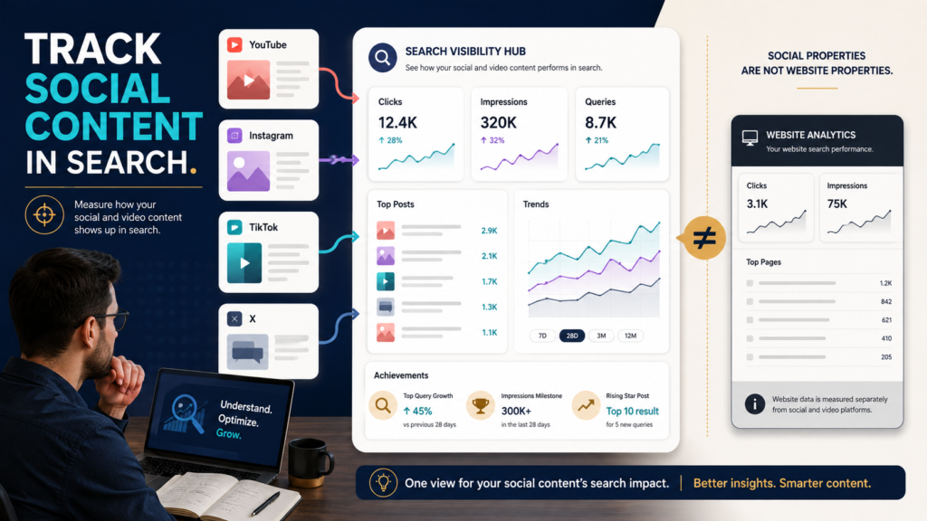 Search Console platform properties tracking Google Search performance for YouTube, Instagram, TikTok, and X content.