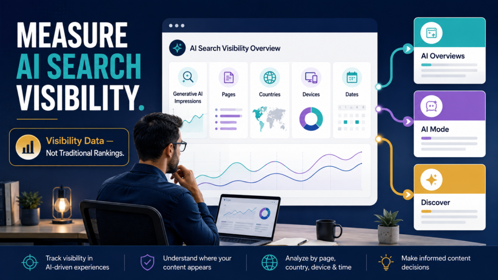 SEO analyst reviewing Search Console generative AI performance data for AI Overviews, AI Mode, and Discover visibility.