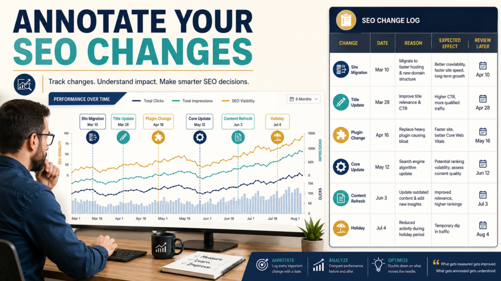 SEO performance chart using Search Console custom annotations to mark website changes and important events.