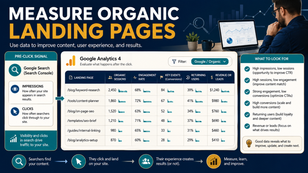 GA4 landing page report filtered for Google organic sessions to evaluate engagement and conversions from SEO traffic.