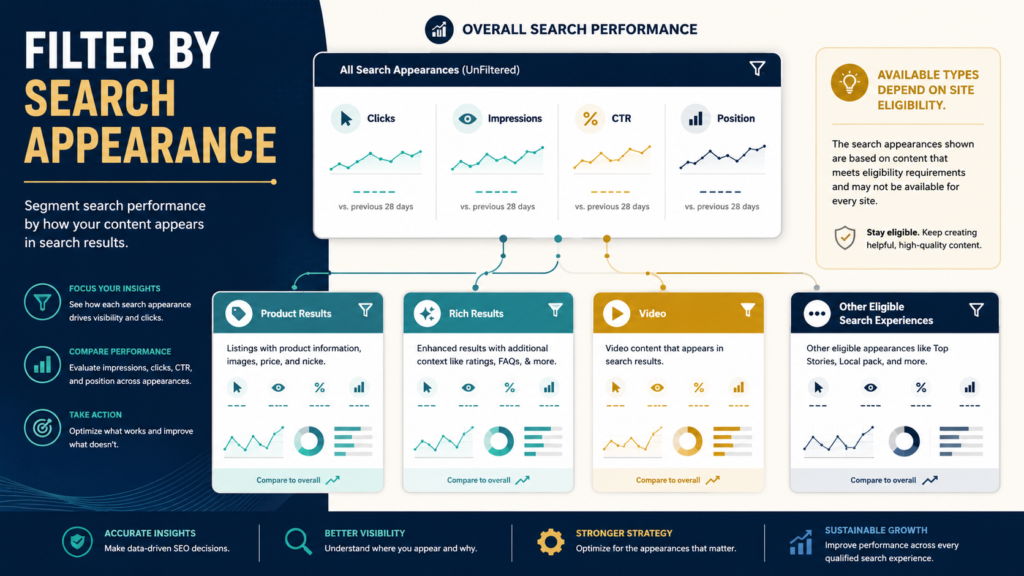 SEO analyst using the Search Console Search Appearance filter to separate performance from eligible search-result types.