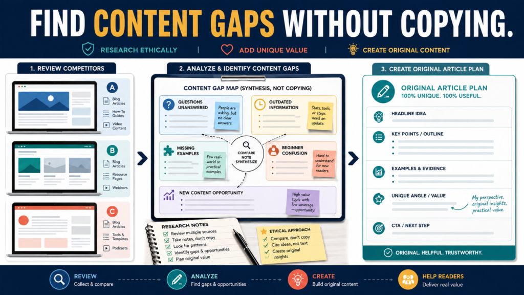 Ethical competitor content review identifying unanswered questions, outdated information, missing examples, and original article opportunities.