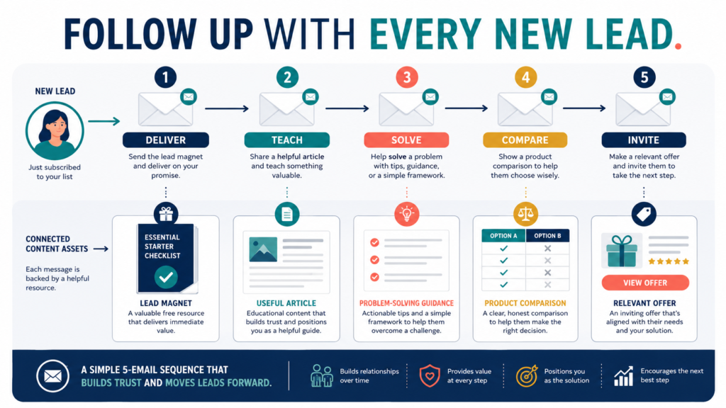 New subscriber moving through a five-message lead follow-up sequence covering delivery, education, solutions, comparison, and invitation.