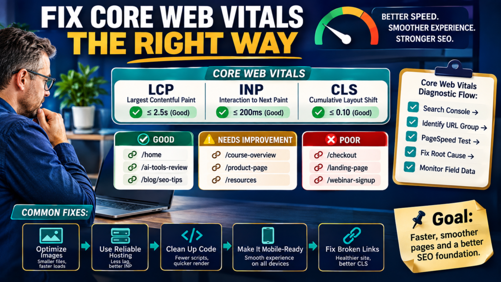 SEO analyst reviewing Search Console Core Web Vitals for LCP, INP, and CLS across groups of website pages.