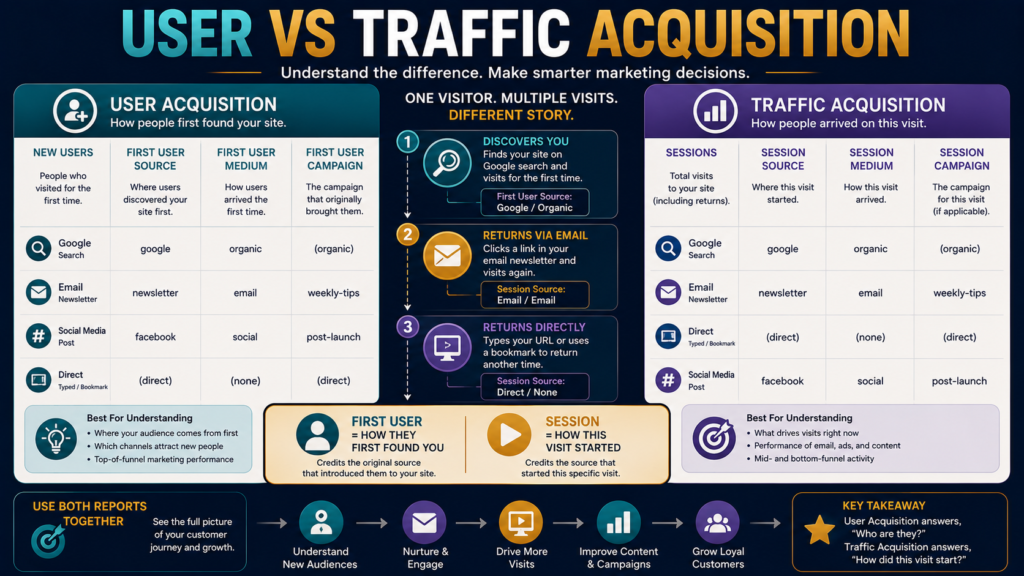 Comparison of GA4 User Acquisition and Traffic Acquisition showing first-user traffic sources versus session traffic sources.