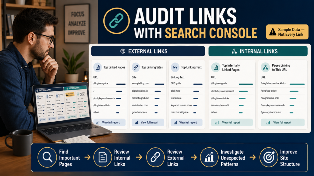 : SEO analyst using the Search Console Links report to review internal links, external backlinks, linking sites, and linked pages.