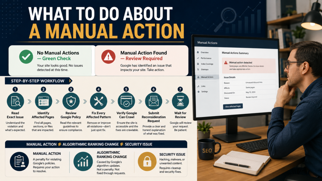 SEO analyst reviewing the Google Search Console Manual Actions report and following a structured reconsideration workflow.