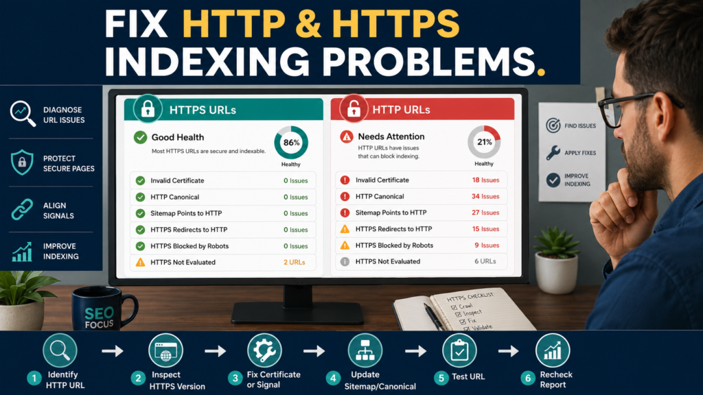 SEO analyst using the Search Console HTTPS report to investigate HTTP and HTTPS indexing problems.