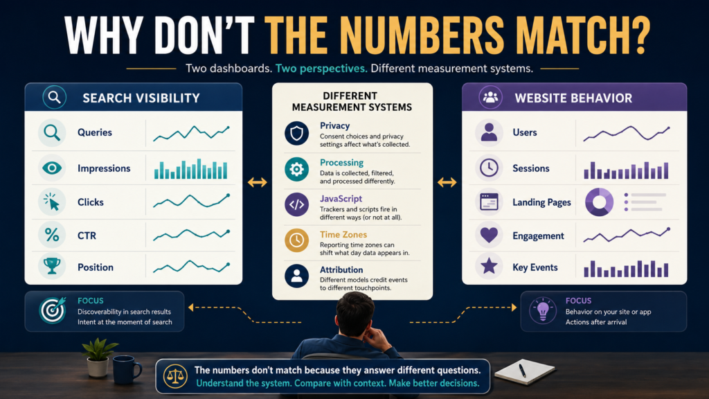 Analyst comparing Search Console search clicks with GA4 website traffic and reviewing reasons the two measurement systems produce different numbers.