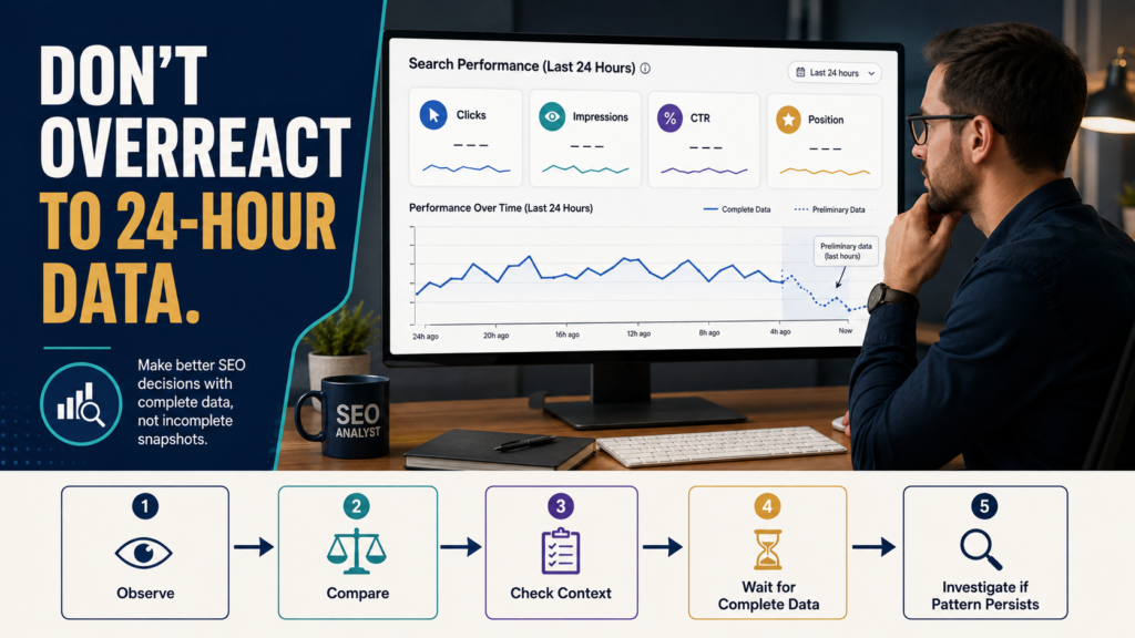 SEO analyst reviewing hourly Search Console-style data and separating preliminary changes from persistent search-performance trends.