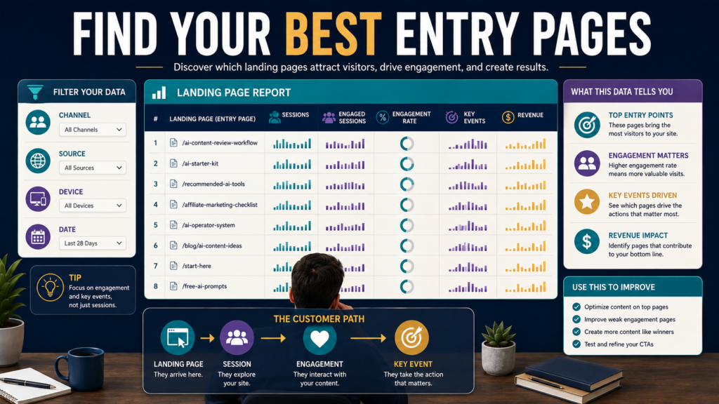 Website analyst reviewing GA4-style landing page metrics including sessions, engagement, key events, channels, and entry-page performance.