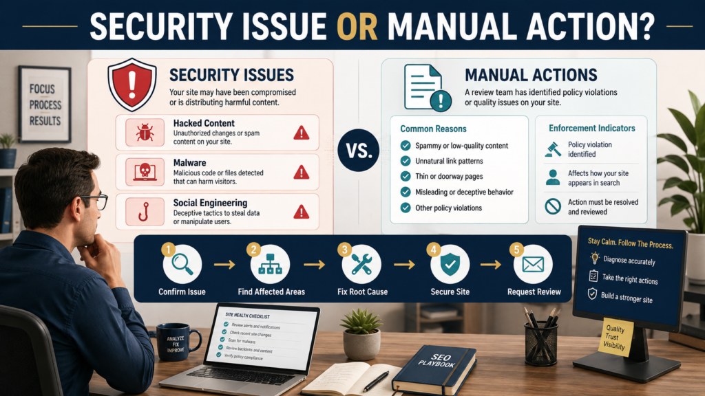 SEO analyst comparing Search Console security issues such as hacked content and malware with manual actions and following a structured recovery workflow.
