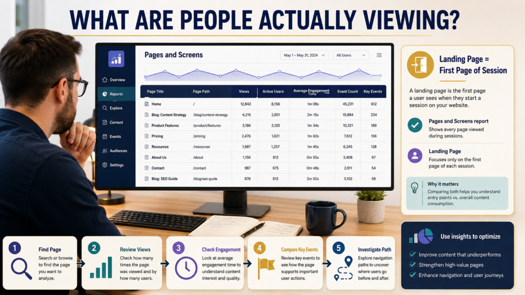 Website analyst reviewing GA4 Pages and Screens metrics for page views, active users, engagement, events, and key events while distinguishing content pages from landing pages.
