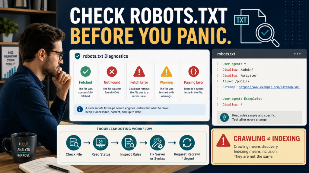 SEO analyst reviewing Search Console robots.txt fetch status, parsing errors, crawl rules, and an important reminder that blocking crawling is different from preventing indexing.