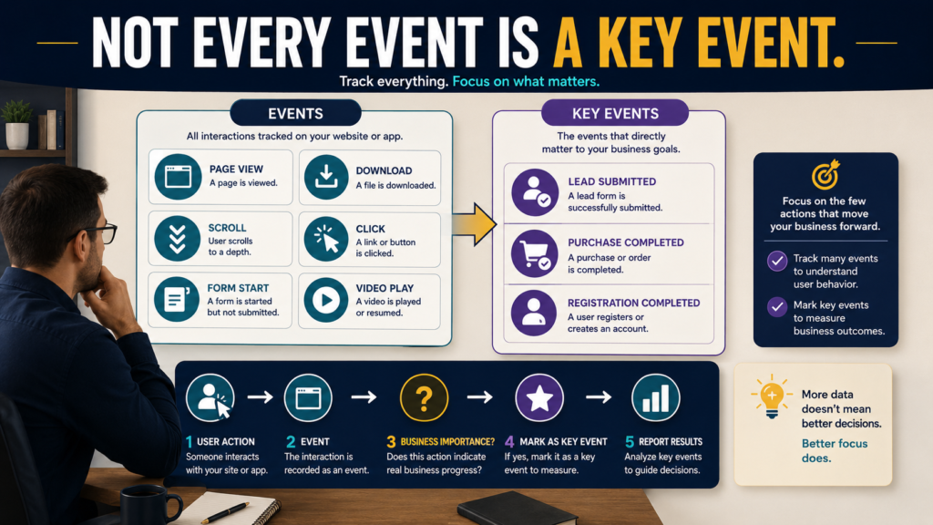 GA4 measurement diagram showing many website events and a smaller selected group of important business actions marked as key events.