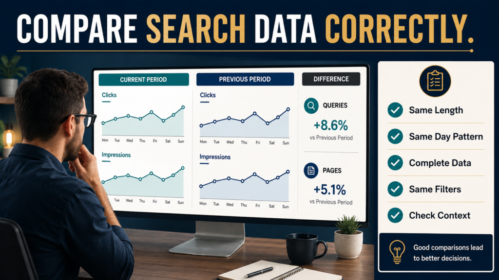 SEO analyst comparing equivalent Google Search Console date ranges using clicks, impressions, queries, pages, and a difference column.