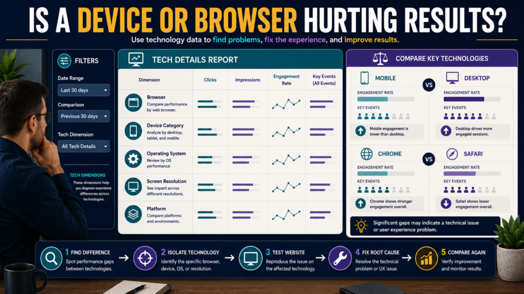 Website analyst using the GA4 Tech Details report to compare browser, device category, operating system, screen resolution, engagement, and key events.