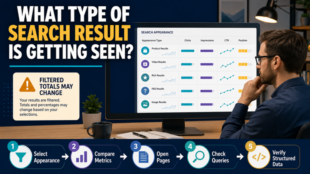SEO analyst using the Search Console Search Appearance dimension to compare clicks, impressions, CTR, pages, and rich-result visibility.