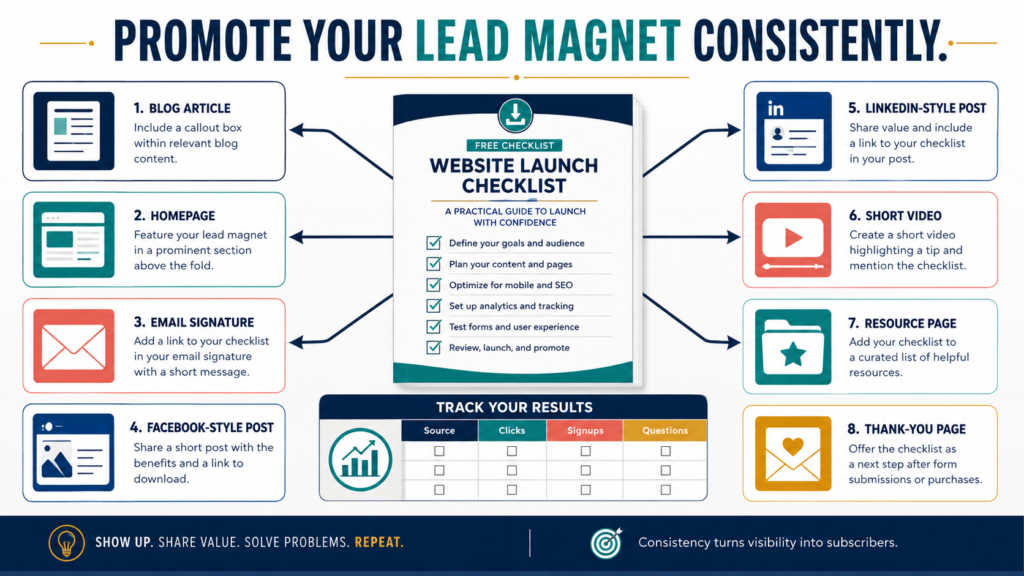 Lead magnet connected to blog, website, email, social media, video, resource pages, and campaign tracking.