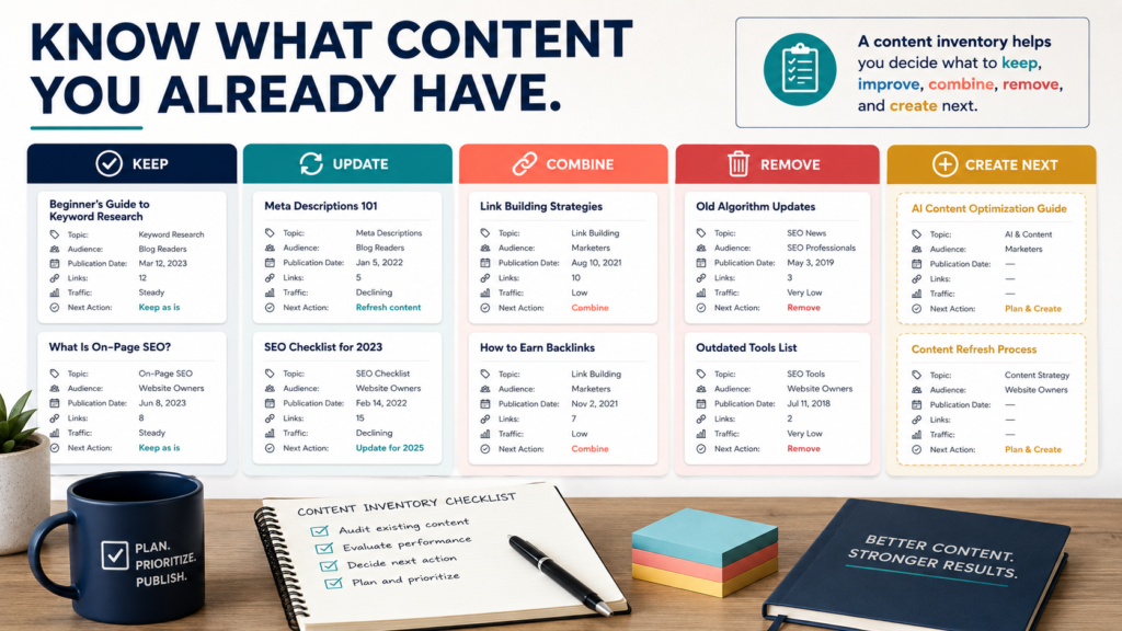 Small website content inventory sorting pages and blog posts into keep, update, combine, remove, and create-next categories.