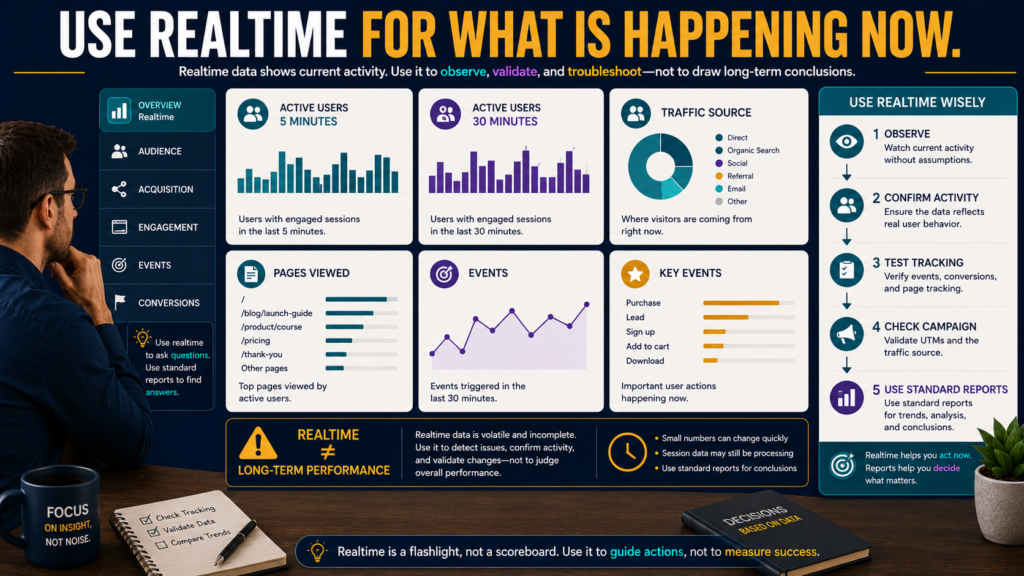 Website analyst using GA4 Realtime to review recent active users, traffic sources, pages, events, and key events without treating short-term data as long-term performance.